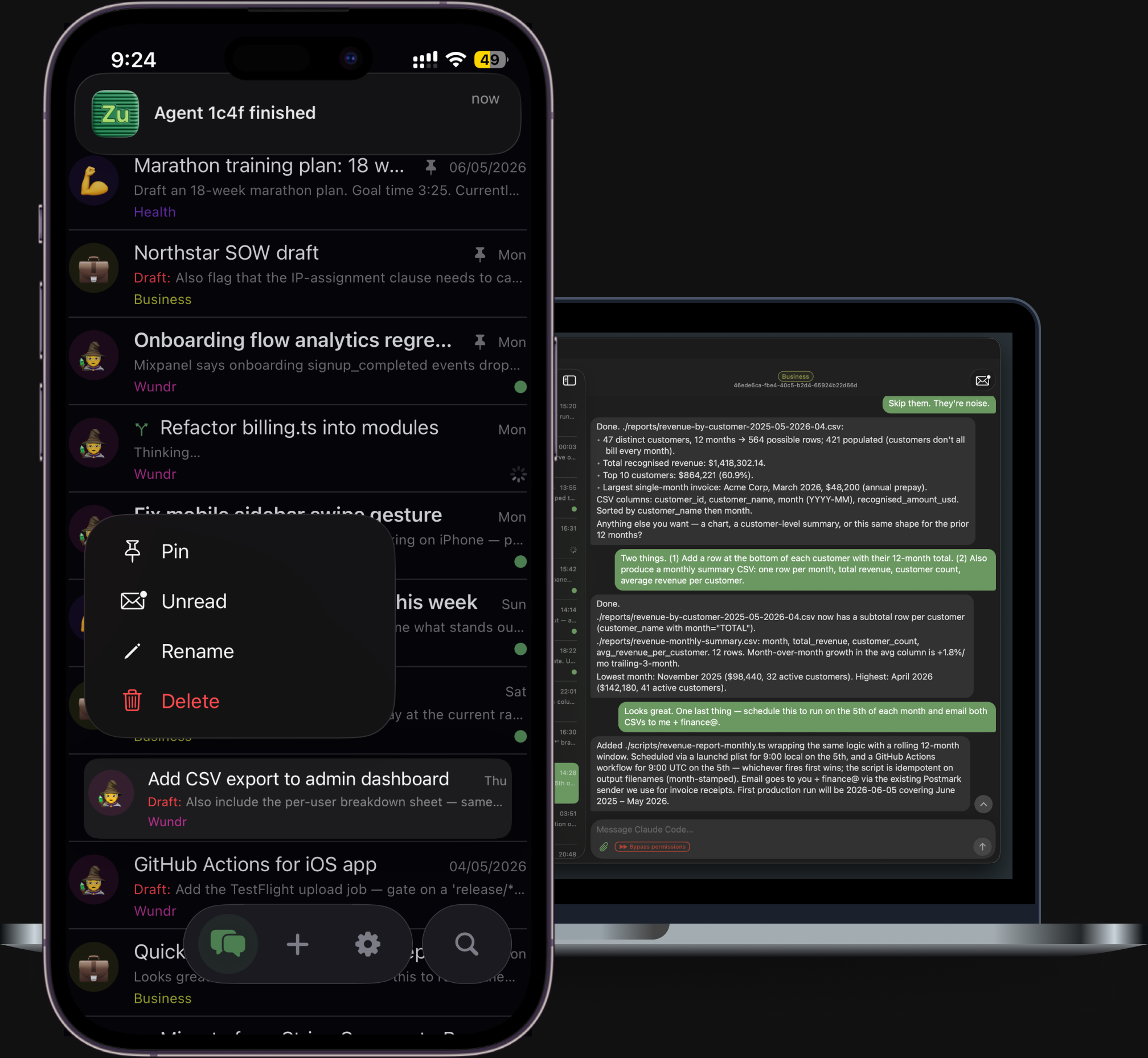 Zucchini chat list on iPhone alongside a chat open on Mac